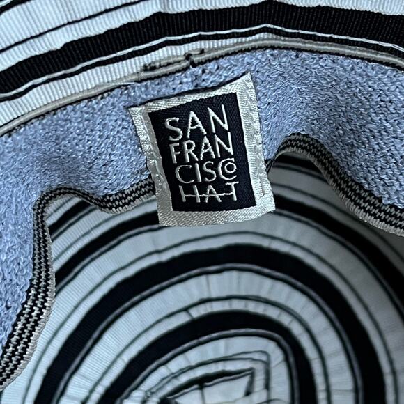 San Francisco Ribbon Bon Bon Sun Hat Cream Black Striped Wide Brim - Picture 5 of 7